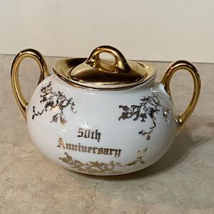 Vintage 50th anniversary Sugar Bowl, Golden Anniversary commemoration, gold trim